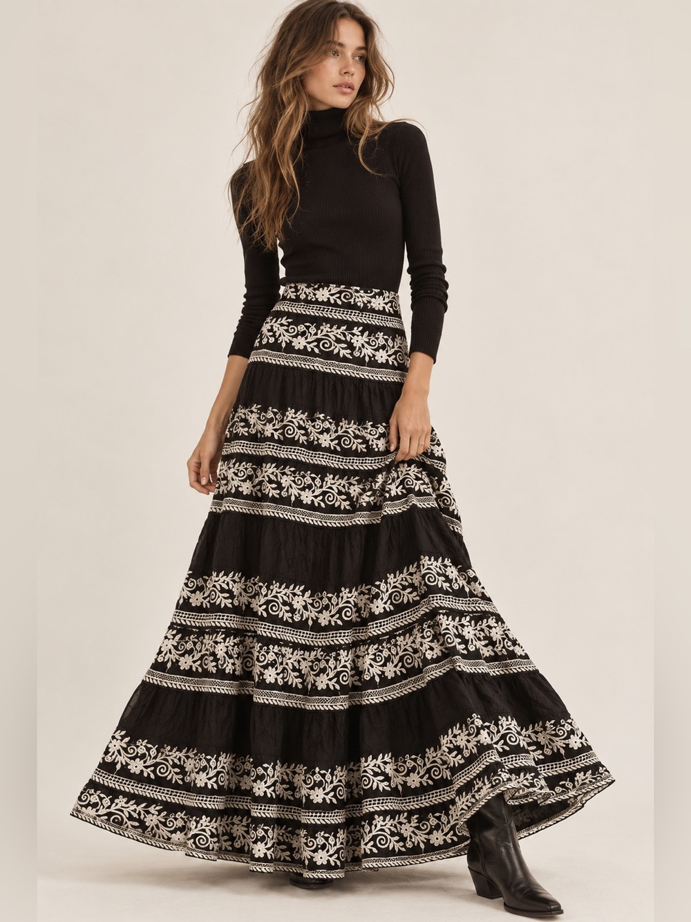Antonio Melani Black Embroidered Maxi Skirt Size 14 Boho Romantic